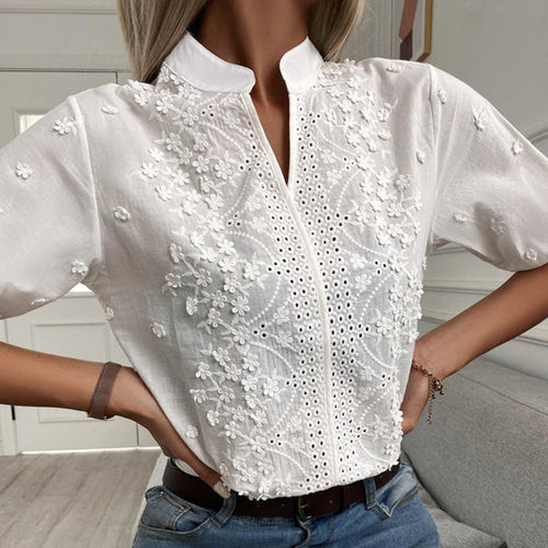 Breathable women's blouse – elegant floral embroidery, lightweight fabric, for office and casual outings