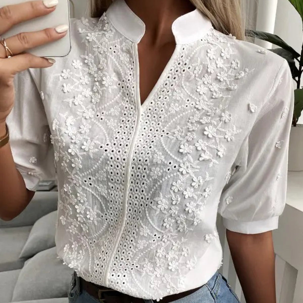 Breathable women's blouse – elegant floral embroidery, lightweight fabric, for office and casual outings