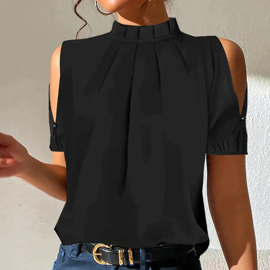 Breathable women's cold shoulder top – pleated collar design, soft material, for summer