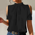 Breathable women's cold shoulder top – pleated collar design, soft material, for summer