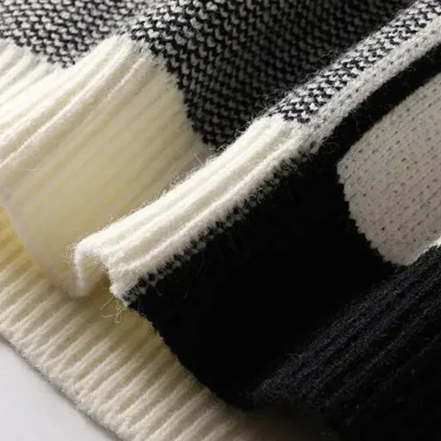 Warm Men’s Sweater - Oversized Check Crewneck, Cotton