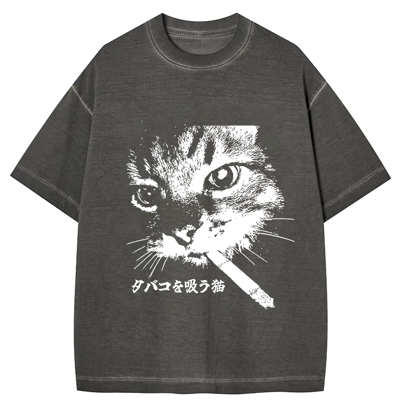 bbb Retro Cat Smoking Gradient Washed T-Shirt