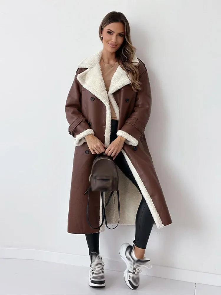 Warm Flattering Women’s Long Coat - Shearling Lined Leather