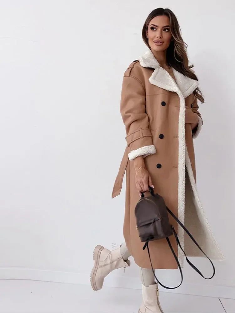 Warm Flattering Women’s Long Coat - Shearling Lined Leather