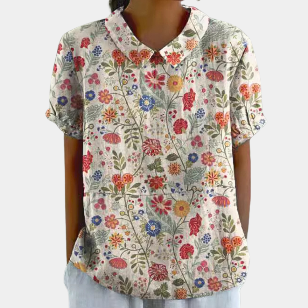 Breathable women's blouse – short-sleeve floral design, stretchy, for summer outings