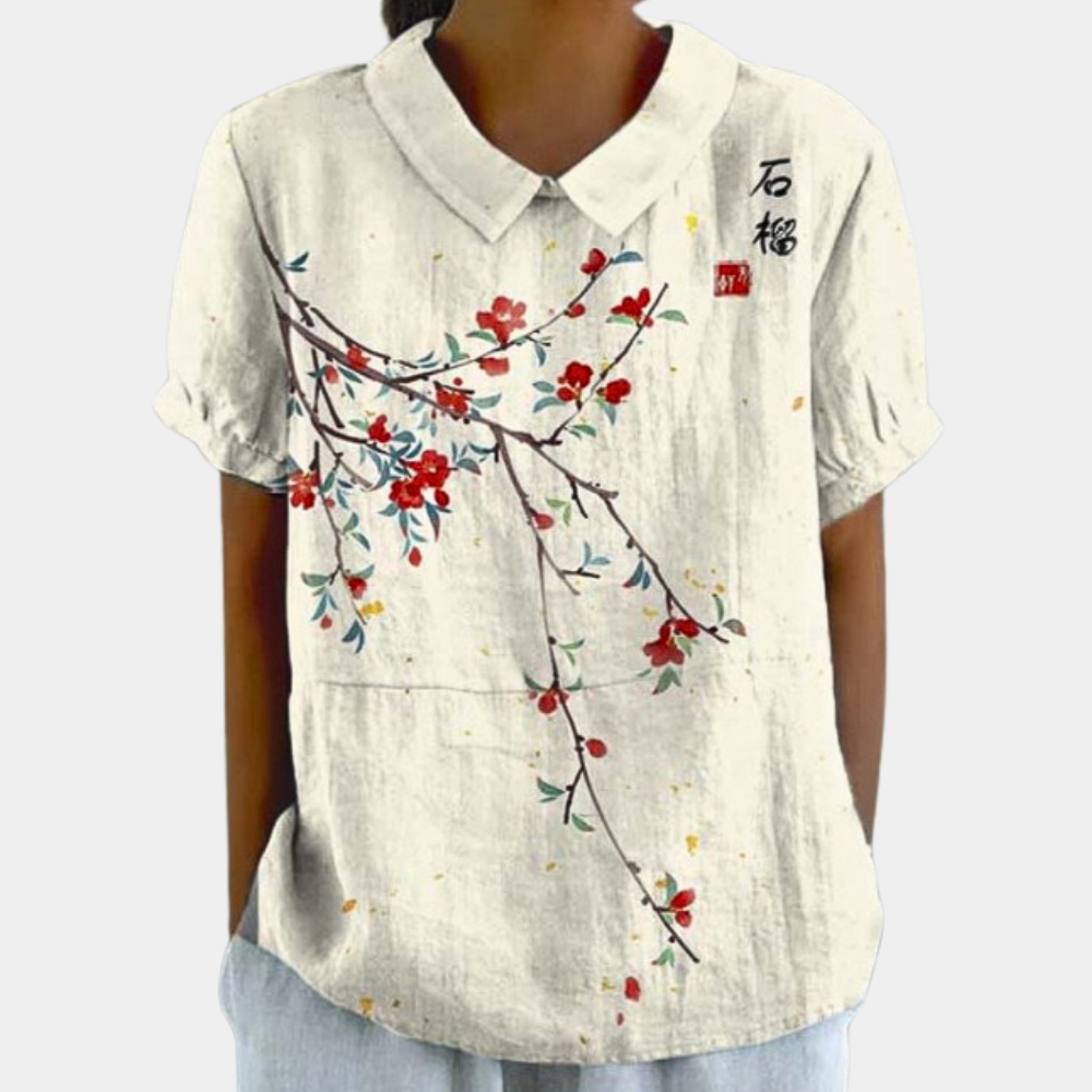 Breathable women's blouse – short-sleeve floral design, stretchy, for summer outings