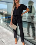 Breathable women's jumpsuit – V-neck design, high-quality fabric, for formal occasions