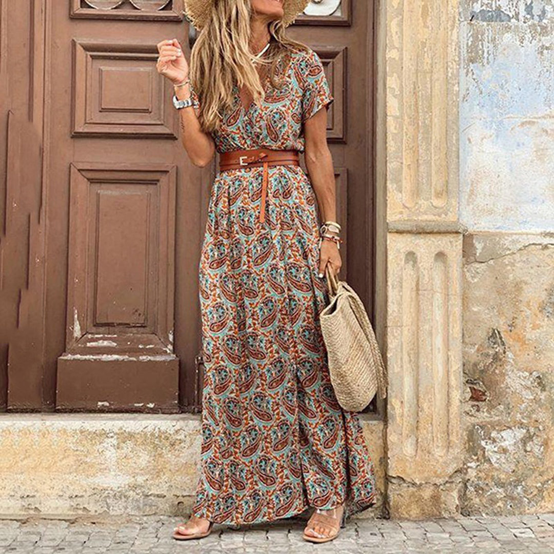 Elegant Boho Women's Maxi Dress, V-Neck Short Sleeve Summer Dress, Adjustable Belt, Full-Length, Soft Polyester, Multiple Colors Available