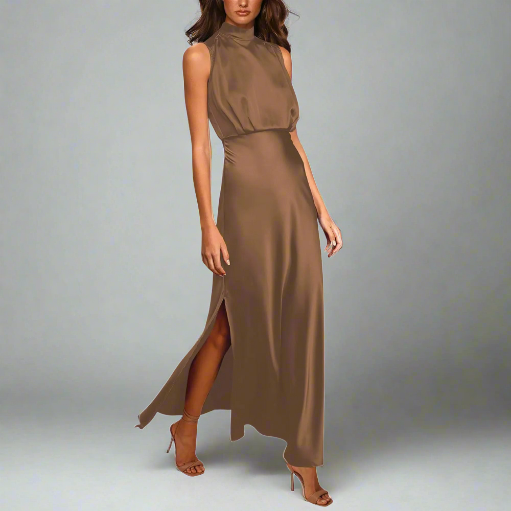 Elegant Women's Maxi Dress with Bare Back and Side Slot, Full-Length Silk Formal Dress for Special Occasions
