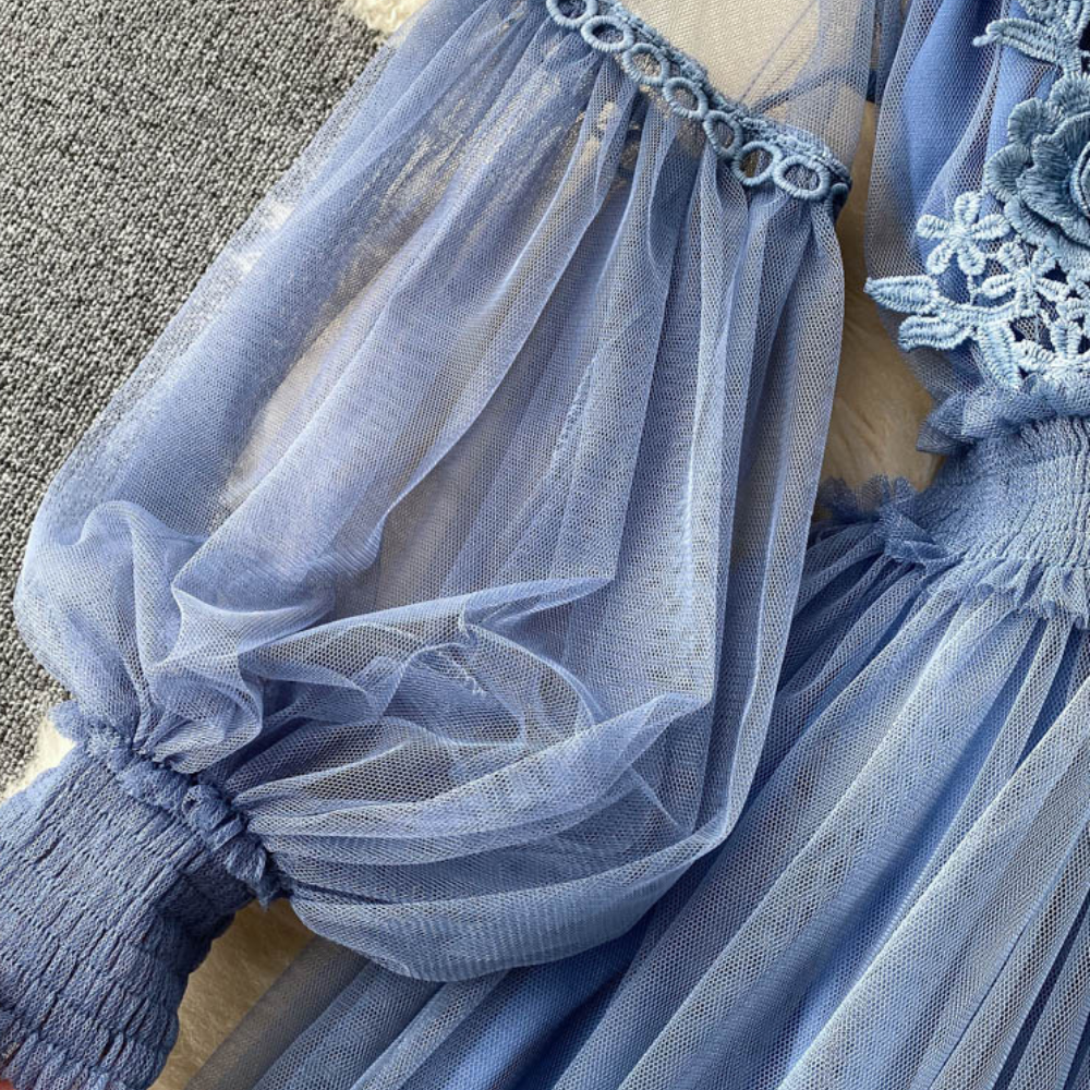 Elegant Floral Midi Dress for Women with Lantern Sleeves and Upright Collar - Perfect for Summer Parties and Special Occasions