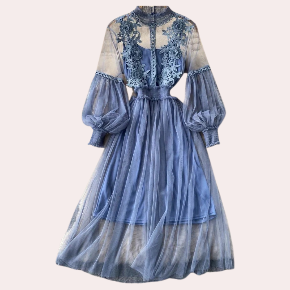 Elegant Floral Midi Dress for Women with Lantern Sleeves and Upright Collar - Perfect for Summer Parties and Special Occasions