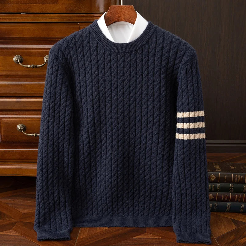 Warm Men's Cable Knit Sweater - Crewneck, Wool Blend, Casual