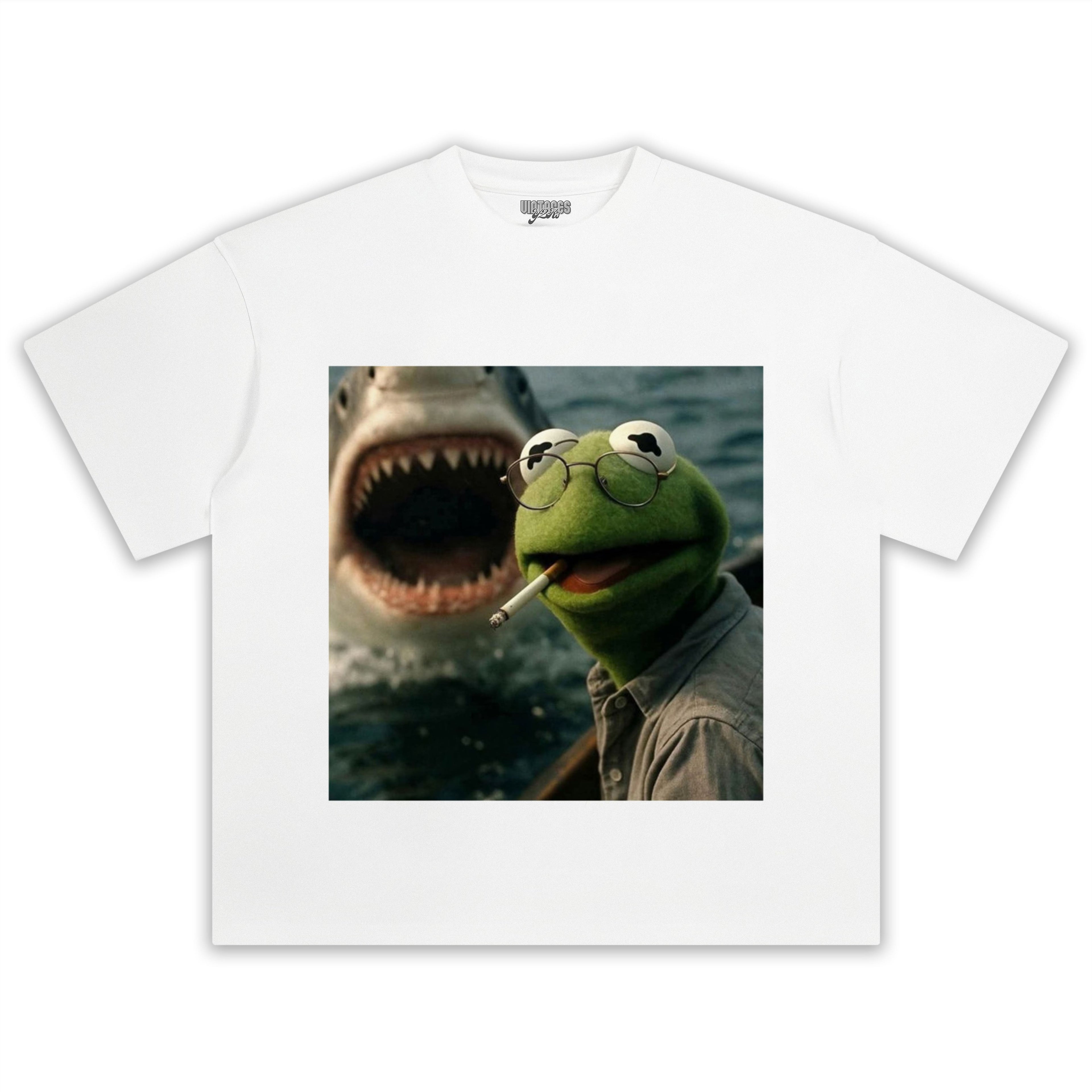 CHILL FROG PUPPET SMOKING WITH GIANT SHARK MEME TEE & LS & HOODIE