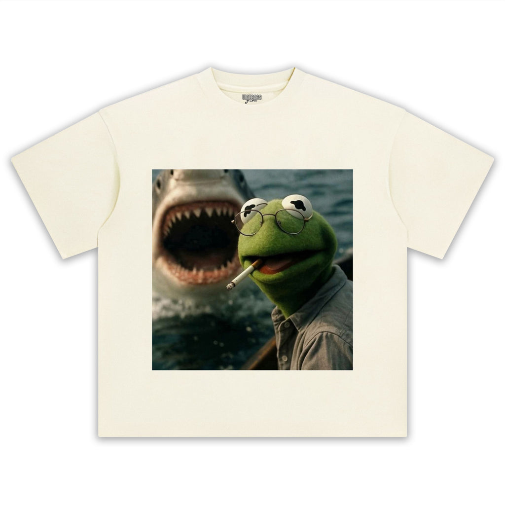 CHILL FROG PUPPET SMOKING WITH GIANT SHARK MEME TEE & LS & HOODIE
