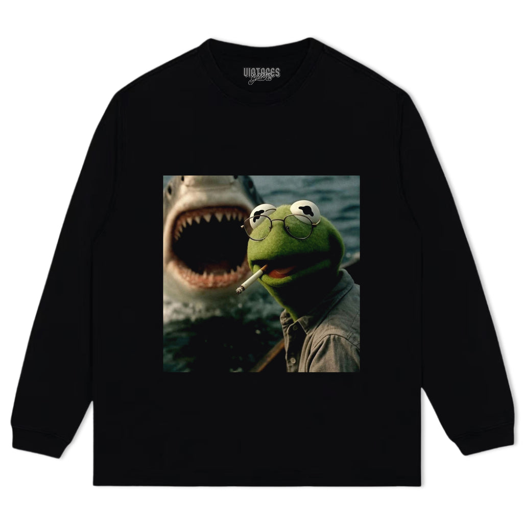 CHILL FROG PUPPET SMOKING WITH GIANT SHARK MEME TEE & LS & HOODIE