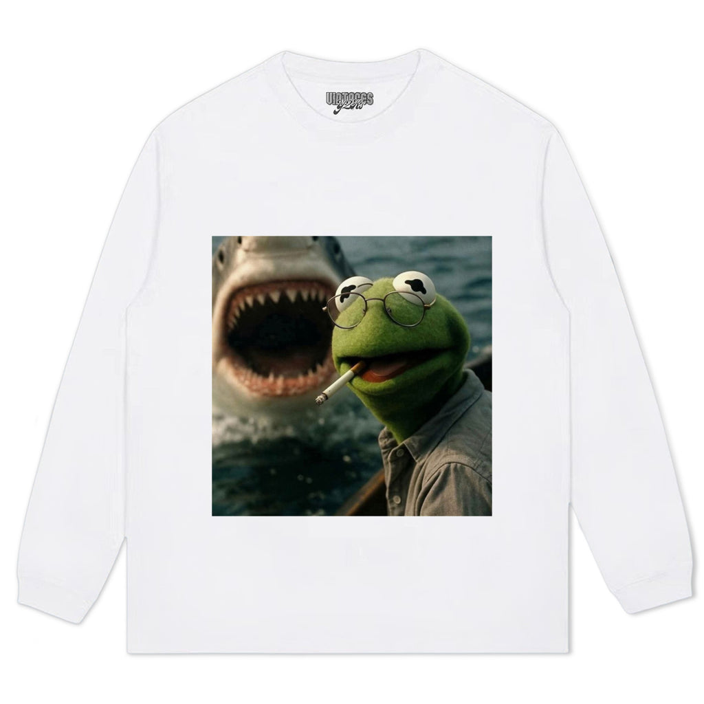 CHILL FROG PUPPET SMOKING WITH GIANT SHARK MEME TEE & LS & HOODIE