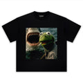 CHILL FROG PUPPET SMOKING WITH GIANT SHARK MEME TEE & LS & HOODIE