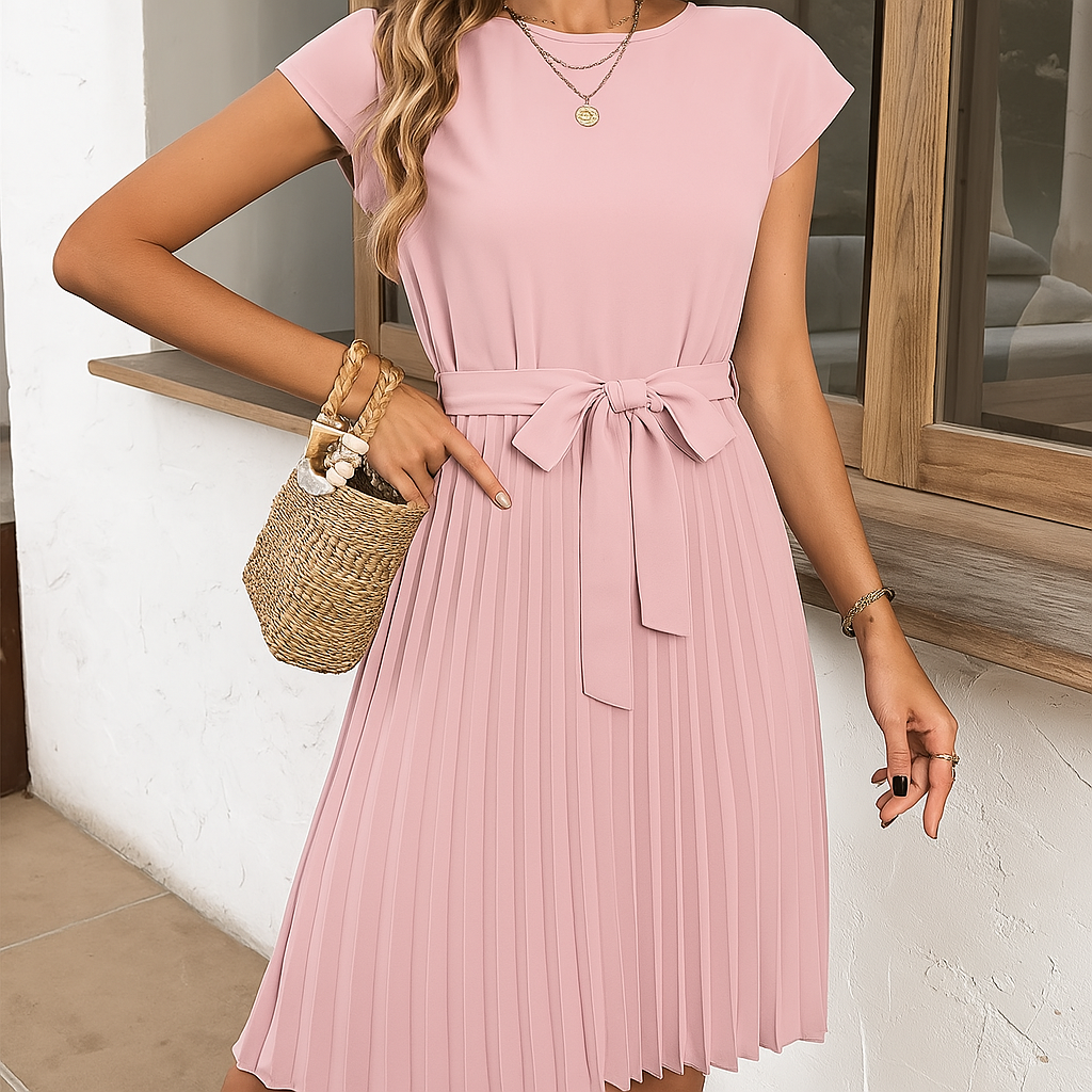 Short Sleeve Pleated Mini Dress for Summer Casual Wear - Elegant & Comfortable Summer Dress for Everyday Style