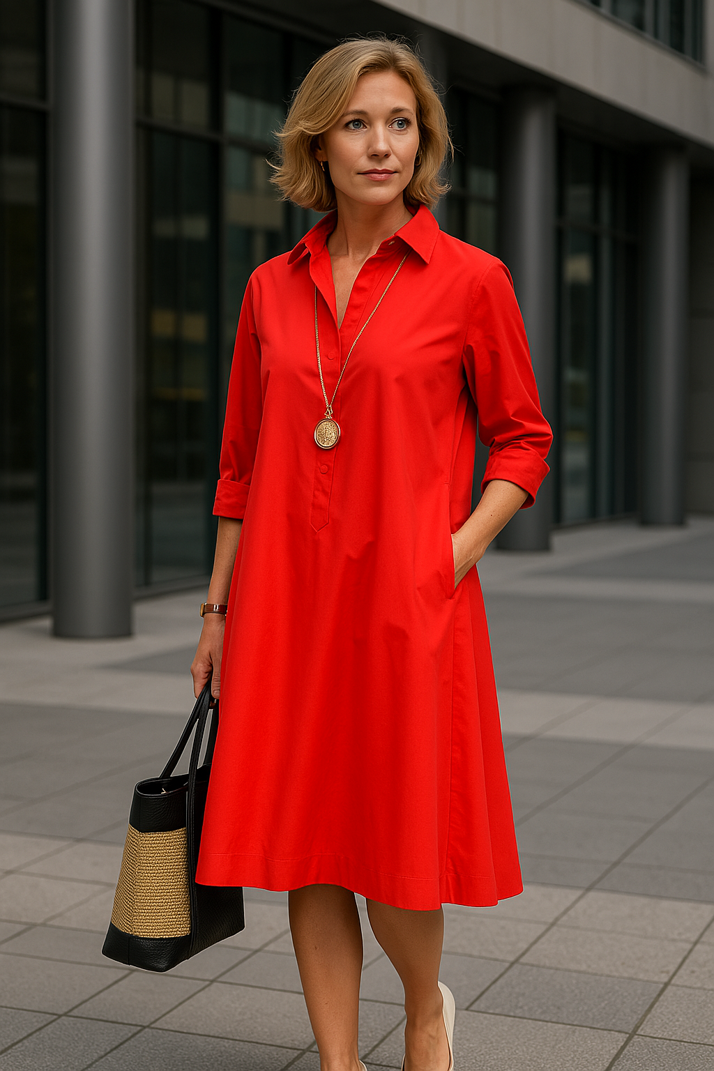 A-Line Polo Dress for Women with 3/4 Sleeves, Lightweight Spring Dress in Red, Black, and White