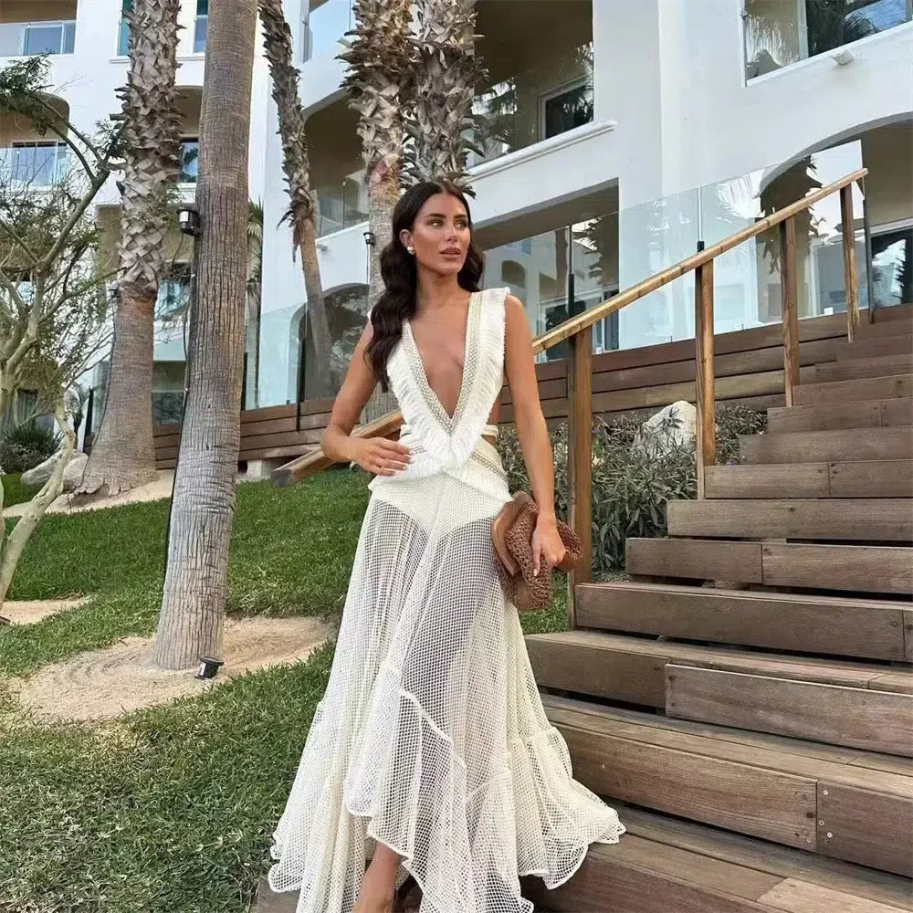 Off-White Chiffon Maxi Dress for Women with Open Back and Embellished Star Detail, Elegant Long Dress for Formal Occasions