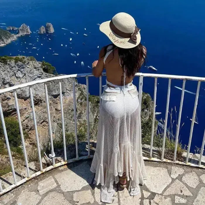 Off-White Chiffon Maxi Dress for Women with Open Back and Embellished Star Detail, Elegant Long Dress for Formal Occasions