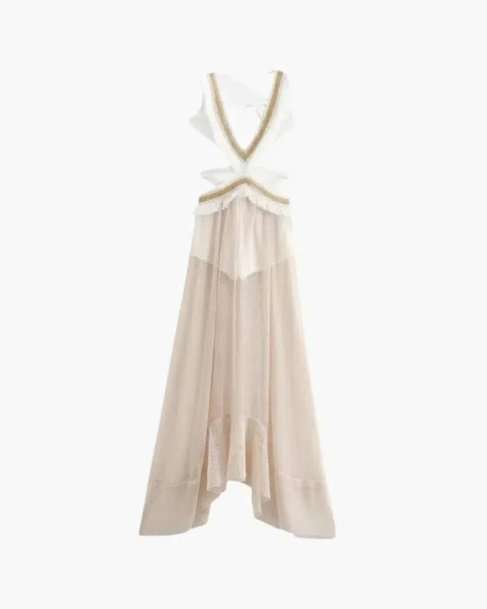 Off-White Chiffon Maxi Dress for Women with Open Back and Embellished Star Detail, Elegant Long Dress for Formal Occasions