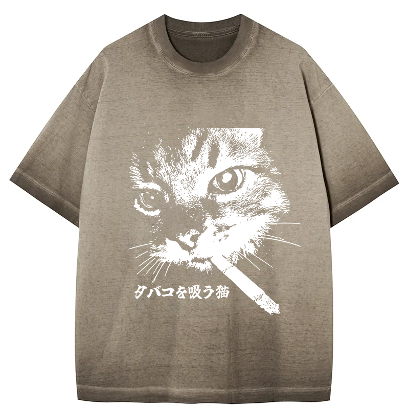 bbb Retro Cat Smoking Gradient Washed T-Shirt