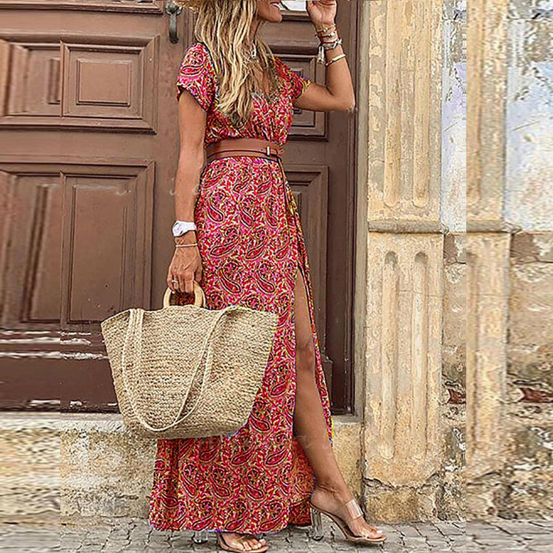Elegant Boho Women's Maxi Dress, V-Neck Short Sleeve Summer Dress, Adjustable Belt, Full-Length, Soft Polyester, Multiple Colors Available