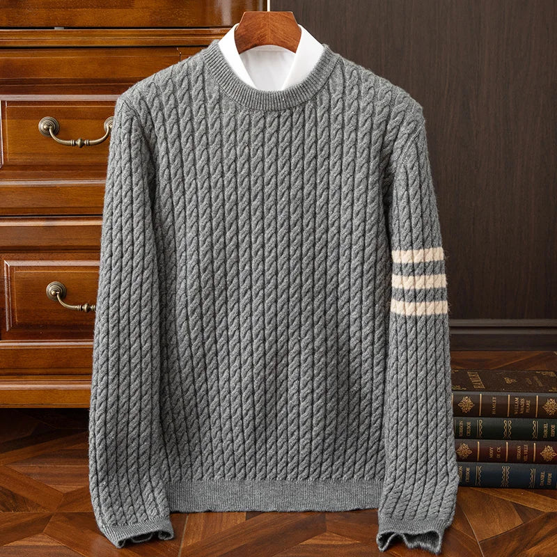 Warm Men's Cable Knit Sweater - Crewneck, Wool Blend, Casual