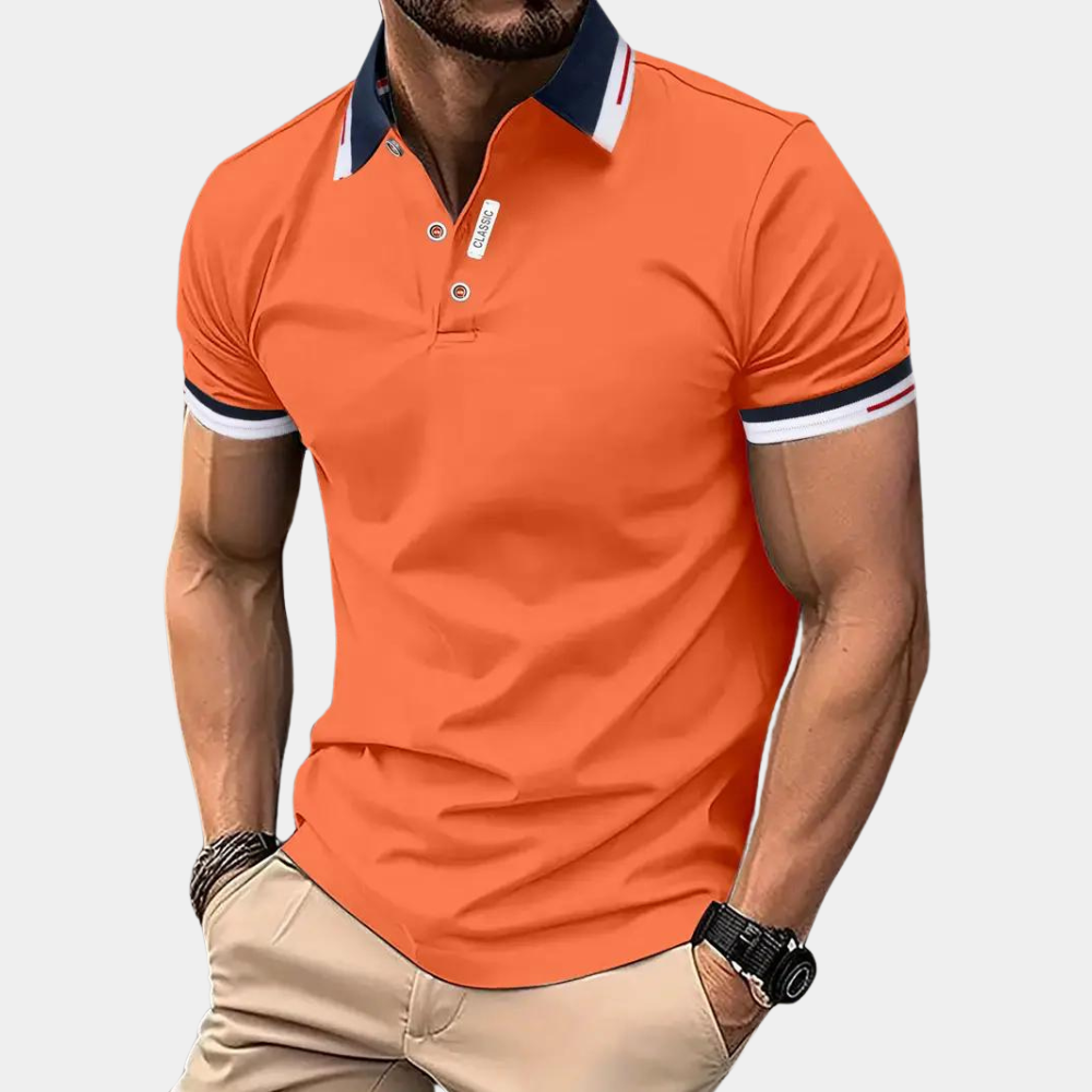 Orangefarbenes Herren-Poloshirt, bequeme Passform, atmungsaktives Material, ideal für Freizeit und Sport, erhältlich in den Größen S–XL
