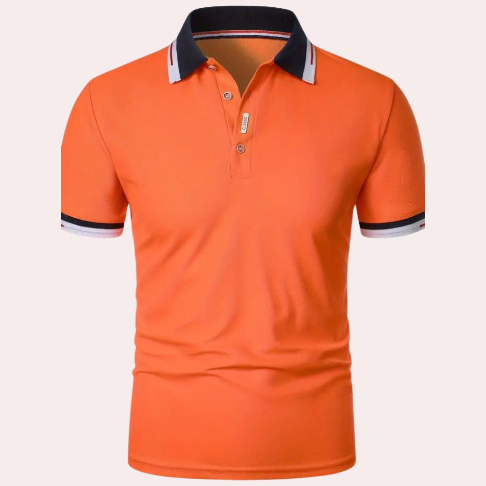 Orangefarbenes Herren-Poloshirt, bequeme Passform, atmungsaktives Material, ideal für Freizeit und Sport, erhältlich in den Größen S–XL