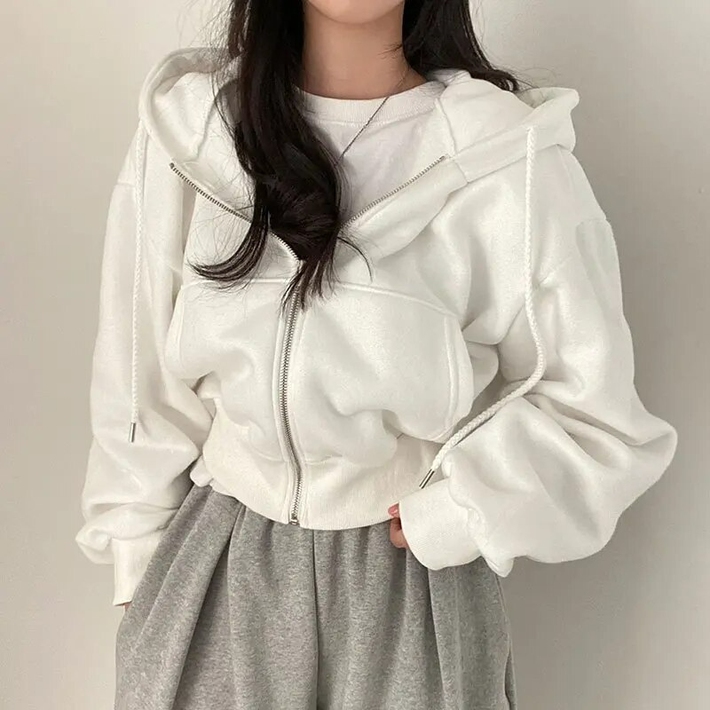 Oversized Cozy Women Zip Hoodie - Relaxed Cropped Cotton