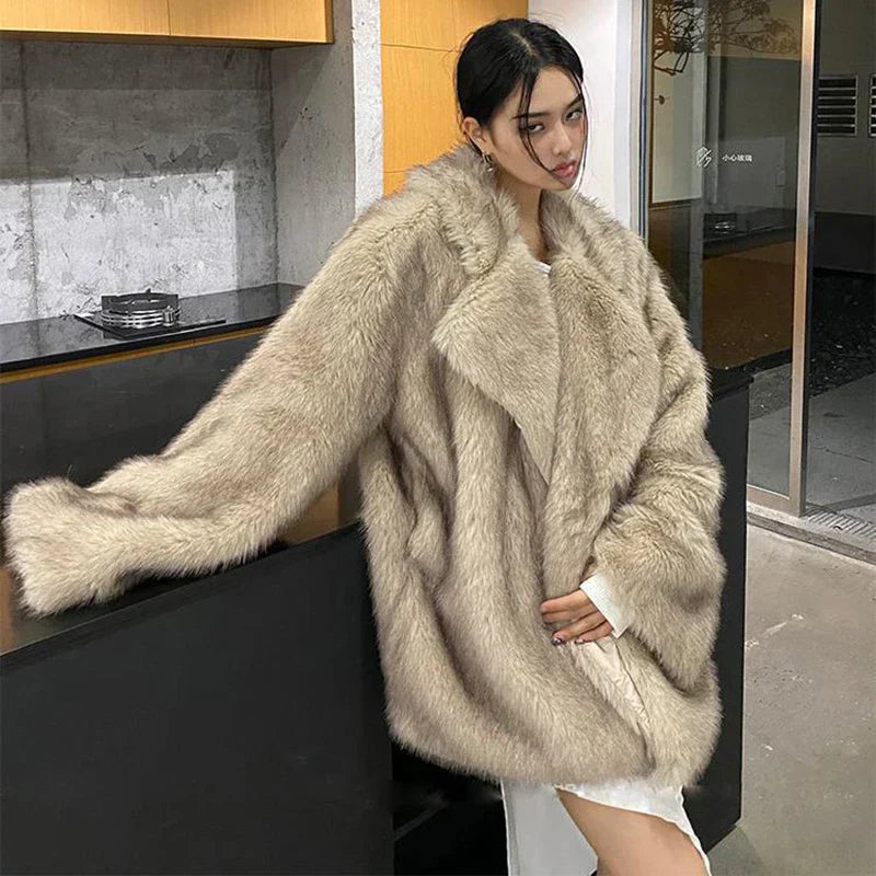 Warm Cozy Women Fur Coat - Oversized Cut, Plush Faux, Winter