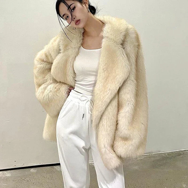Warm Cozy Women Fur Coat - Oversized Cut, Plush Faux, Winter