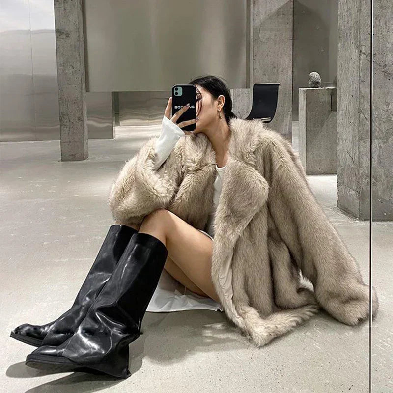 Warm Cozy Women Fur Coat - Oversized Cut, Plush Faux, Winter