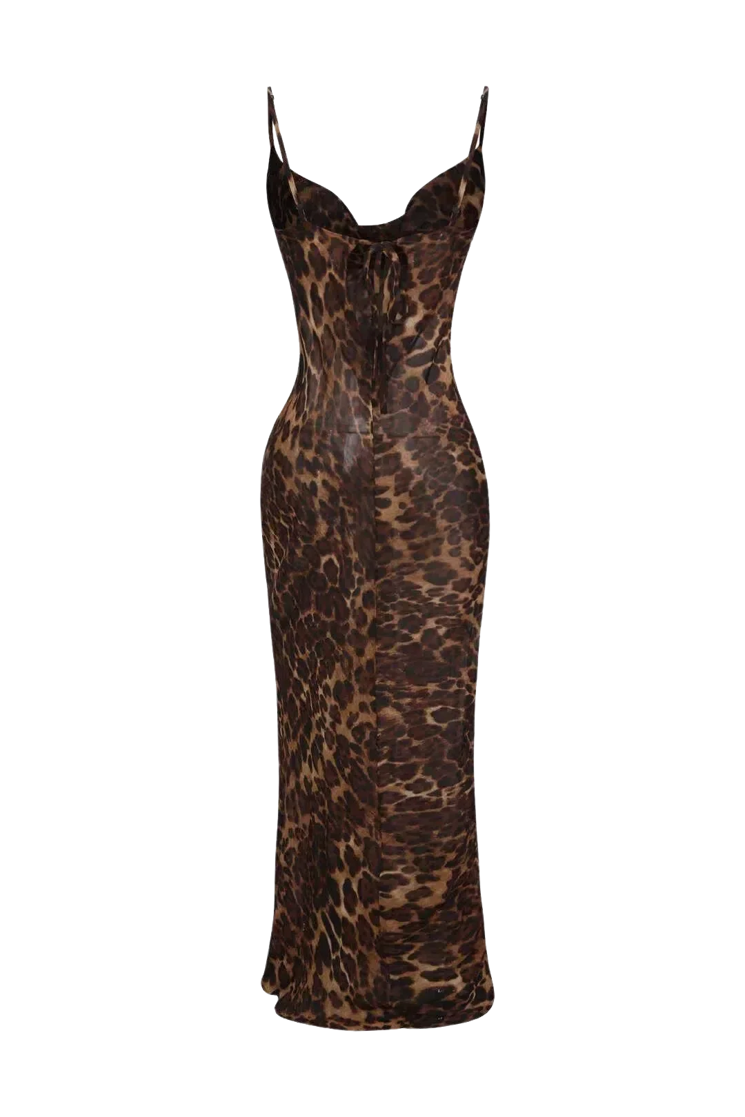 Leopard Print Maxi Dress for Women with Adjustable Belt and Sheer Mesh Fabric, Long Bodycon Silhouette