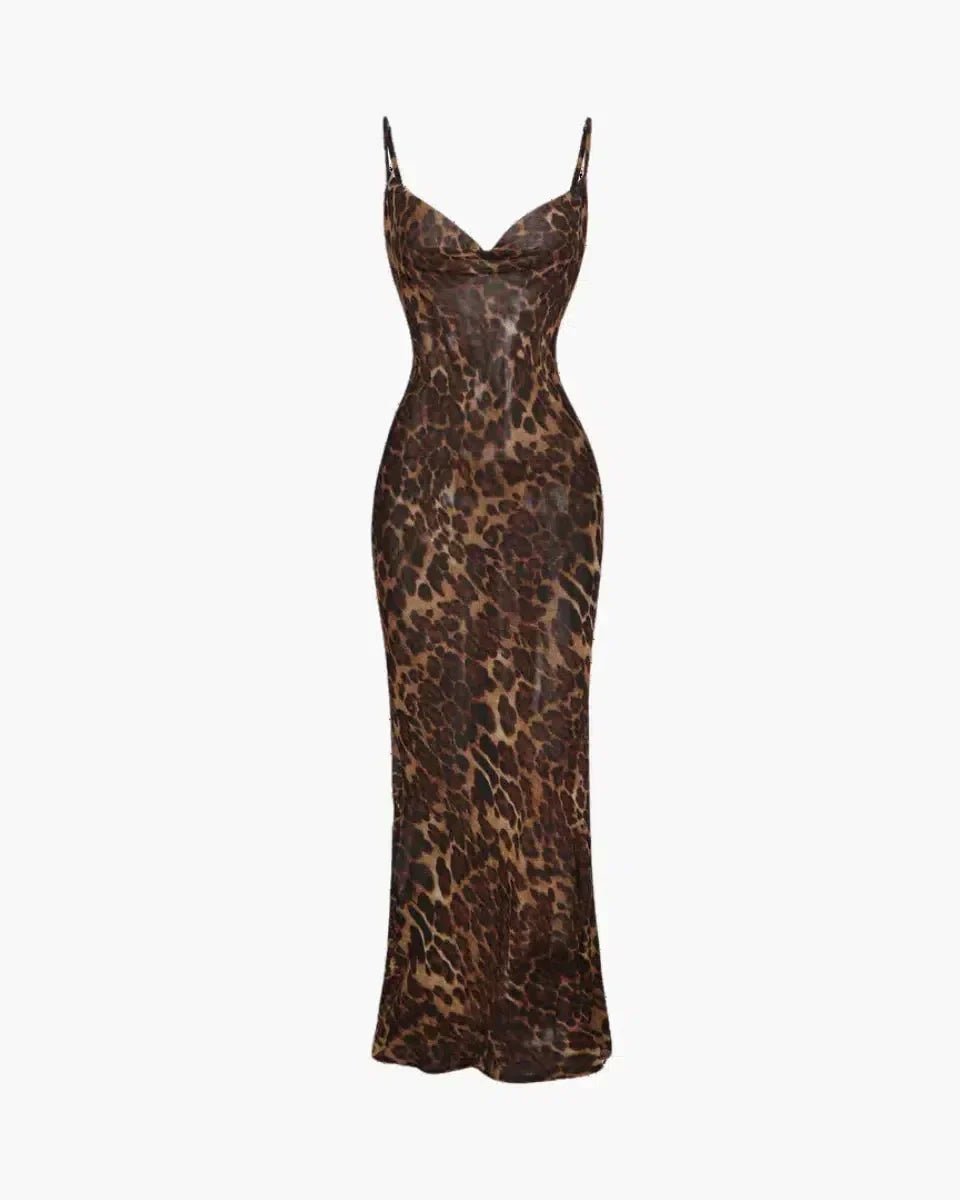 Leopard Print Maxi Dress for Women with Adjustable Belt and Sheer Mesh Fabric, Long Bodycon Silhouette