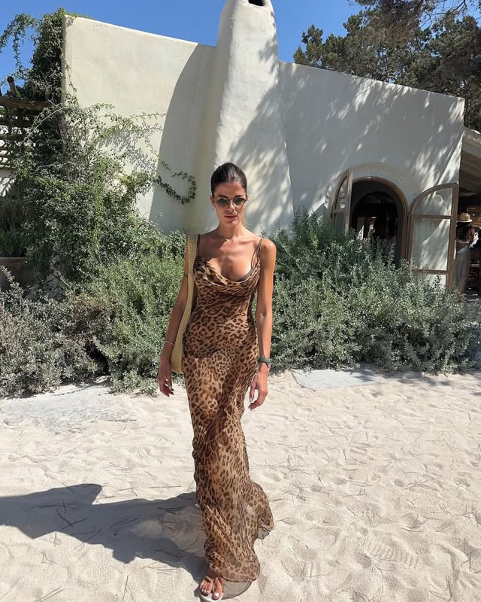 Leopard Print Maxi Dress for Women with Adjustable Belt and Sheer Mesh Fabric, Long Bodycon Silhouette