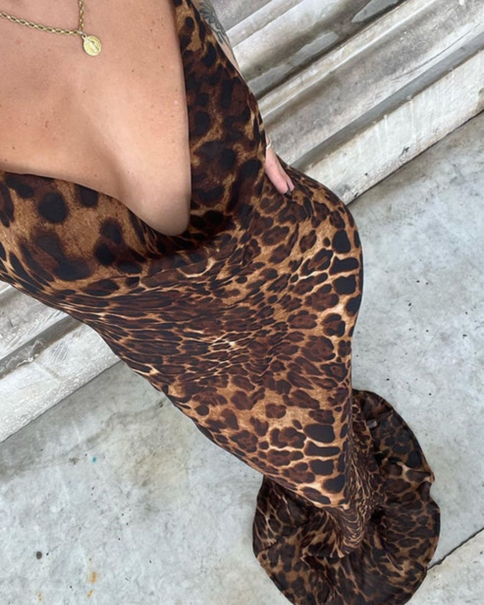 Leopard Print Maxi Dress for Women with Adjustable Belt and Sheer Mesh Fabric, Long Bodycon Silhouette