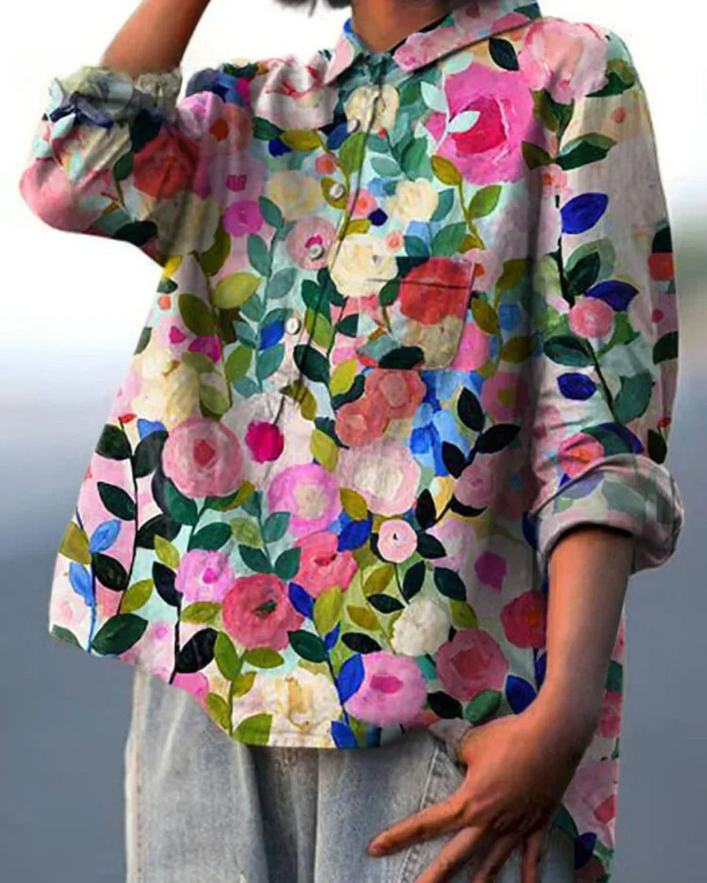 Atmungsaktive Damenbluse – lockere Passform, Baumwollbluse mit Blumenmuster, für Freizeit und besondere Anlässe