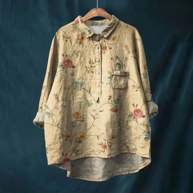 Atmungsaktive Damenbluse – lockere Passform, Baumwollbluse mit Blumenmuster, für Freizeit und besondere Anlässe