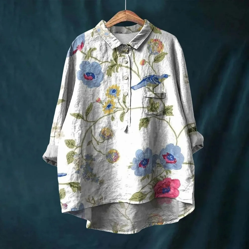 Atmungsaktive Damenbluse – lockere Passform, Baumwollbluse mit Blumenmuster, für Freizeit und besondere Anlässe