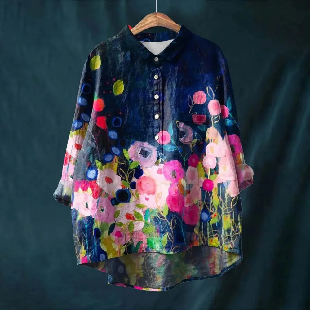Atmungsaktive Damenbluse – lockere Passform, Baumwollbluse mit Blumenmuster, für Freizeit und besondere Anlässe
