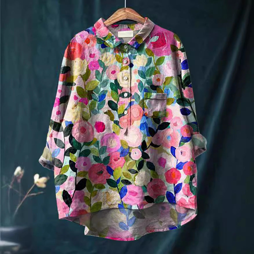 Breathable women's blouse – relaxed fit, cotton floral print, for casual outings and special occasions