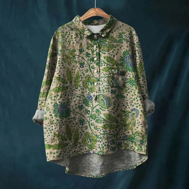 Atmungsaktive Damenbluse – lockere Passform, Baumwollbluse mit Blumenmuster, für Freizeit und besondere Anlässe