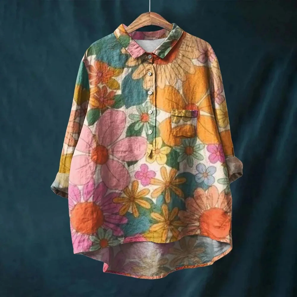 Atmungsaktive Damenbluse – lockere Passform, Baumwollbluse mit Blumenmuster, für Freizeit und besondere Anlässe