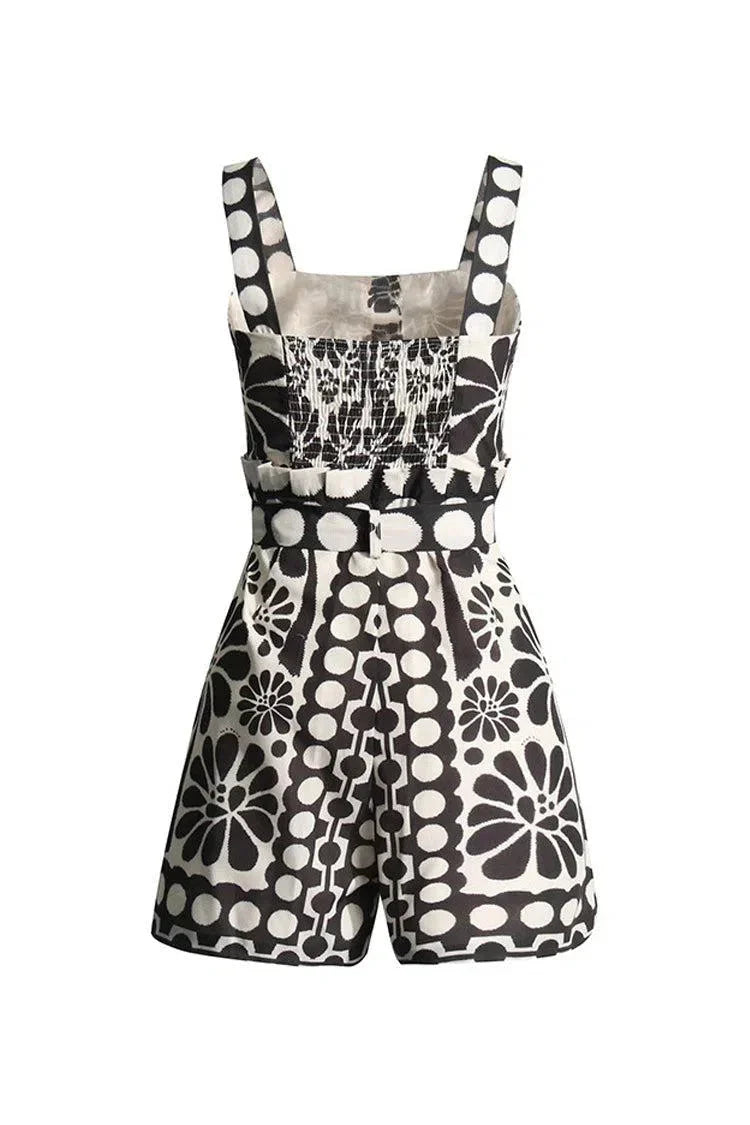 Vintage Floral Polka Dot Romper with Smocked Back, Square Neckline, and Slanted Pockets in Black and White