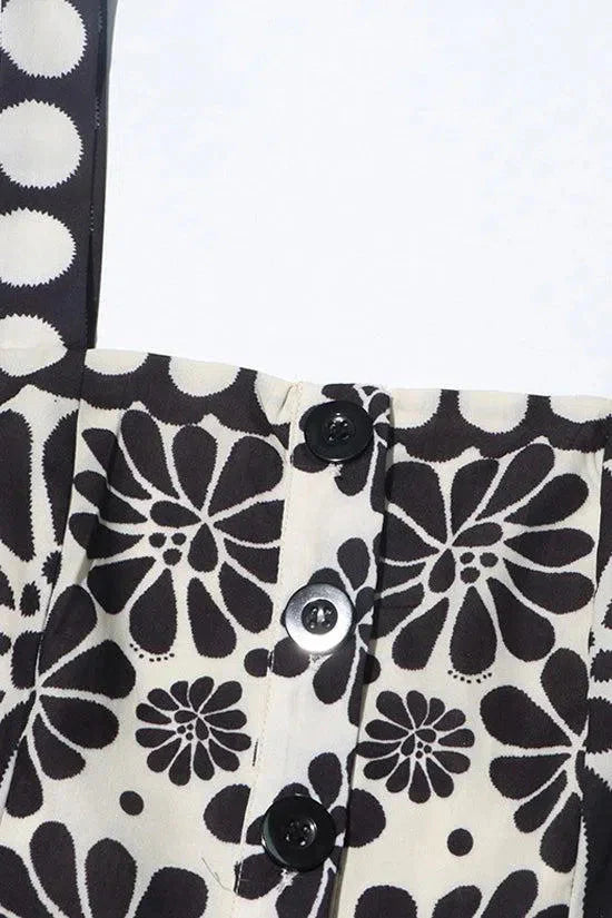 Vintage Floral Polka Dot Romper with Smocked Back, Square Neckline, and Slanted Pockets in Black and White