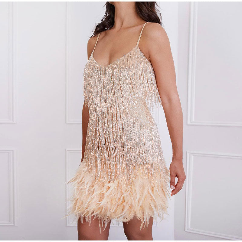 Elegant Fringe Cocktail Dress with Feather Accents for Holiday Parties and Weddings