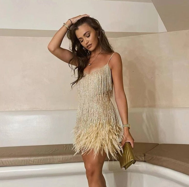 Elegant Fringe Cocktail Dress with Feather Accents for Holiday Parties and Weddings